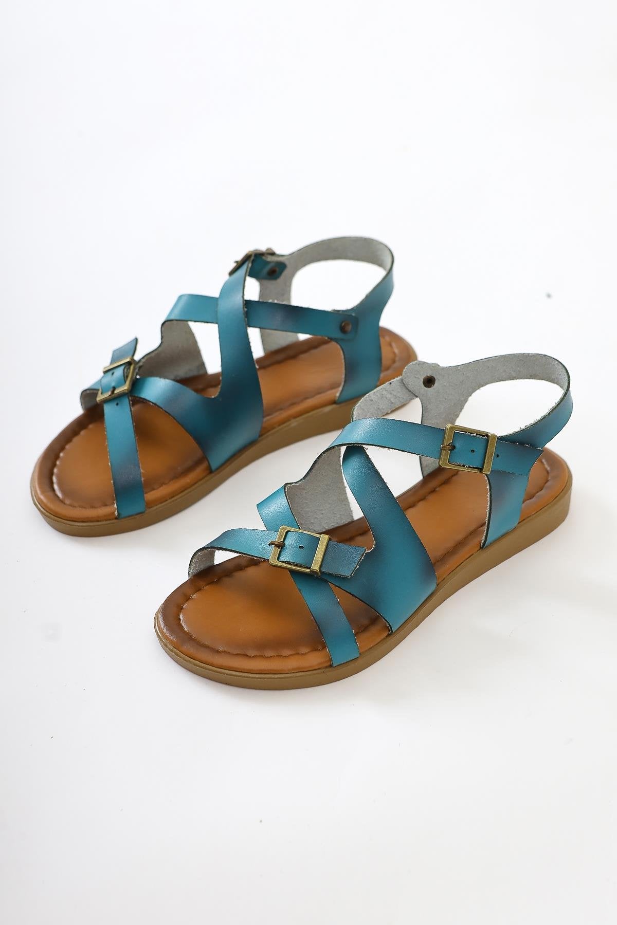 Genuine Leather Belize Turquoise Cross-Strap Sandals