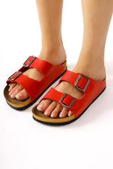 Genuine Leather Beti Red Double-Strap Slippers