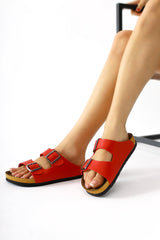 Genuine Leather Beti Red Double-Strap Slippers