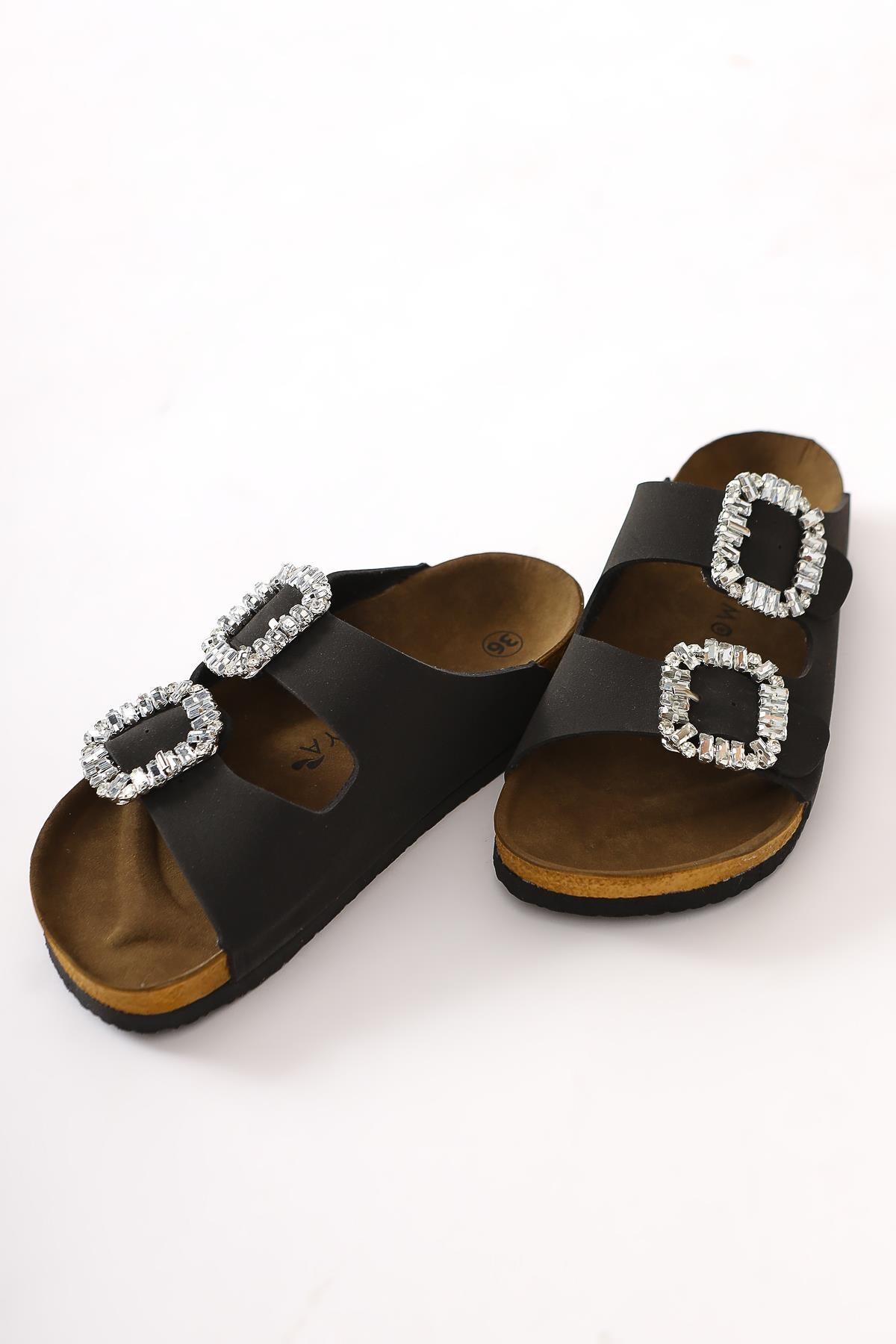 Genuine Leather Brisa Black Double Banded Stone Buckle Detailed Slippers