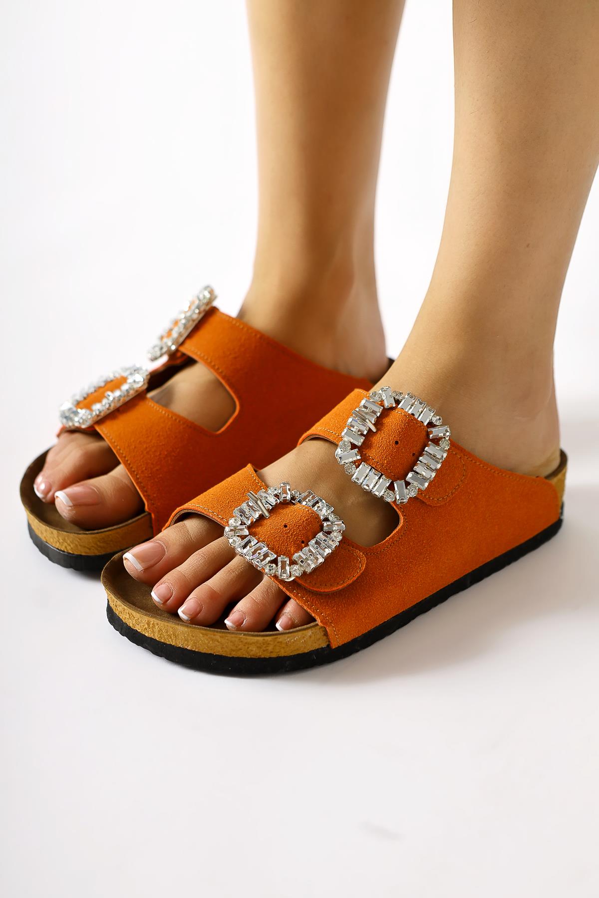 Genuine Leather Brisa Orange Double Banded Stone Buckle Detailed Slippers