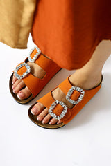 Genuine Leather Brisa Orange Double Banded Stone Buckle Detailed Slippers