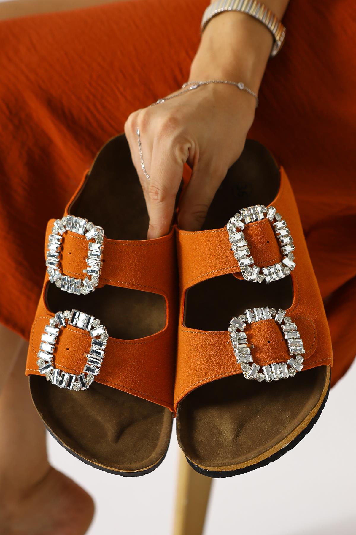 Genuine Leather Brisa Orange Double Banded Stone Buckle Detailed Slippers