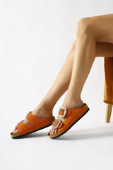 Genuine Leather Brisa Orange Double Banded Stone Buckle Detailed Slippers