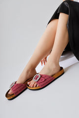 Genuine Leather Carolinne Fuchsia Single Strap Stone Detailed Buckled Slippers