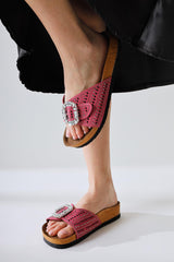 Genuine Leather Carolinne Fuchsia Single Strap Stone Detailed Buckled Slippers