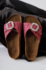 Genuine Leather Carolinne Fuchsia Single Strap Stone Detailed Buckled Slippers