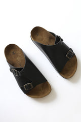 Genuine Leather Christella Black Double Buckle Detailed Slippers