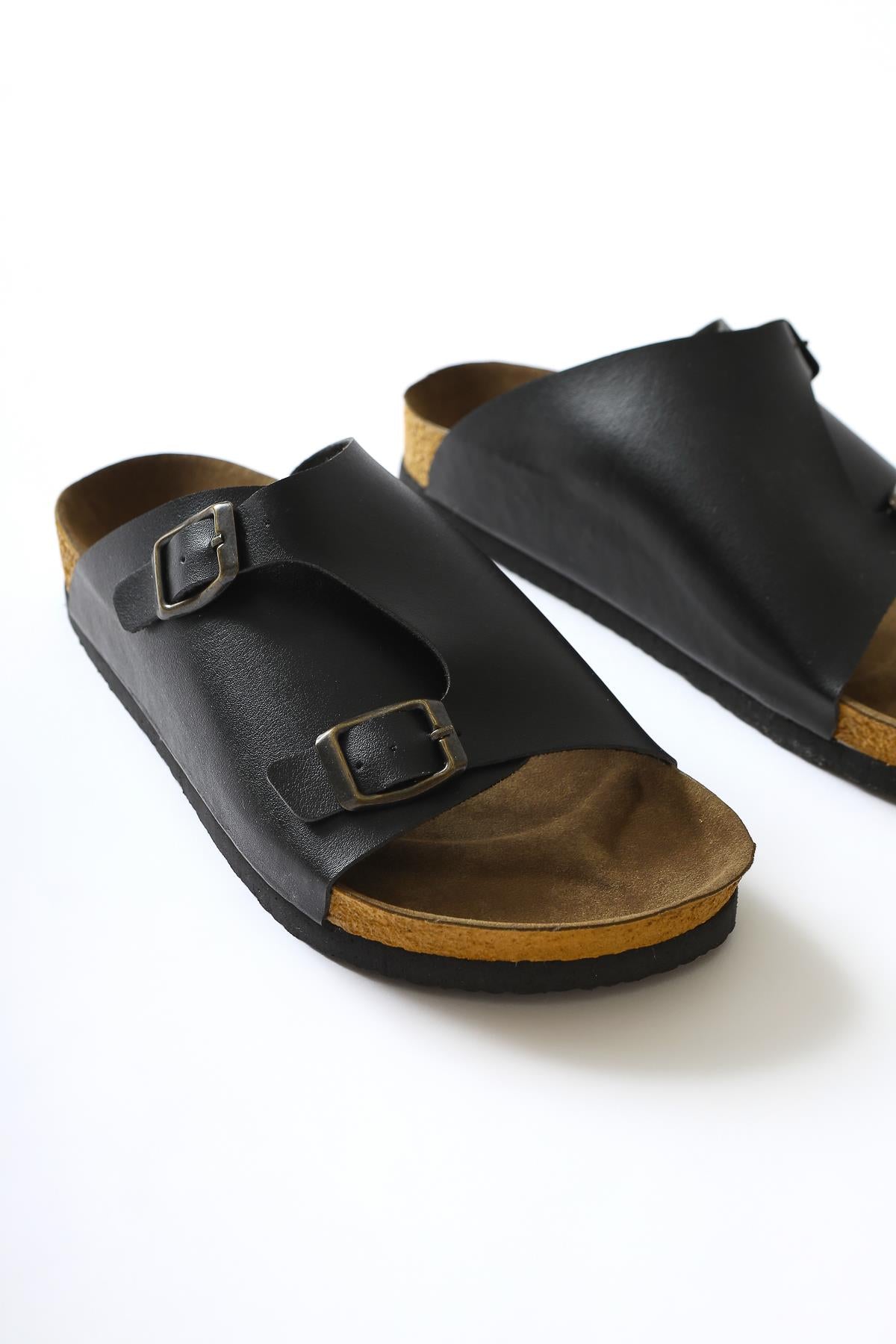 Genuine Leather Christella Black Double Buckle Detailed Slippers