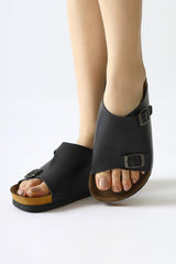 Genuine Leather Christella Black Double Buckle Detailed Slippers