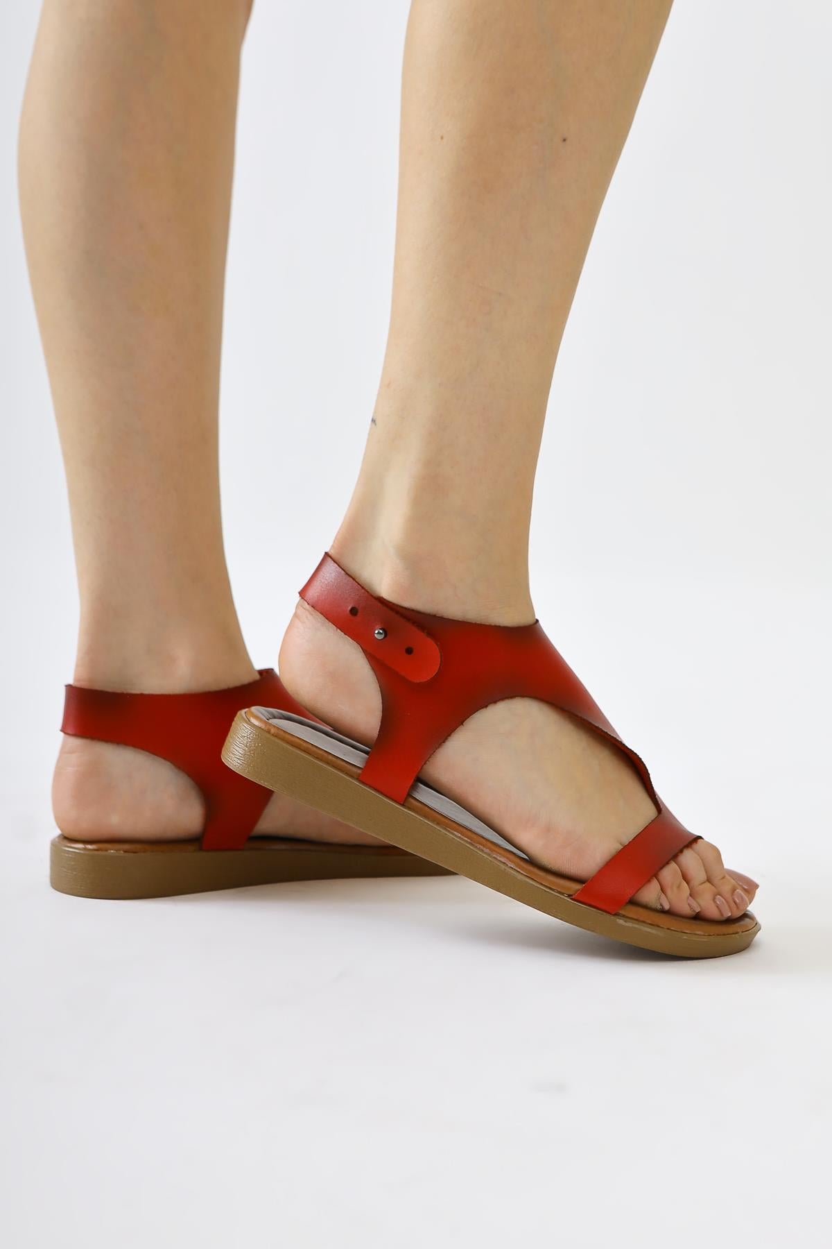 Genuine Leather Coral Red Asymmetric Cut Flip Flop Sandals