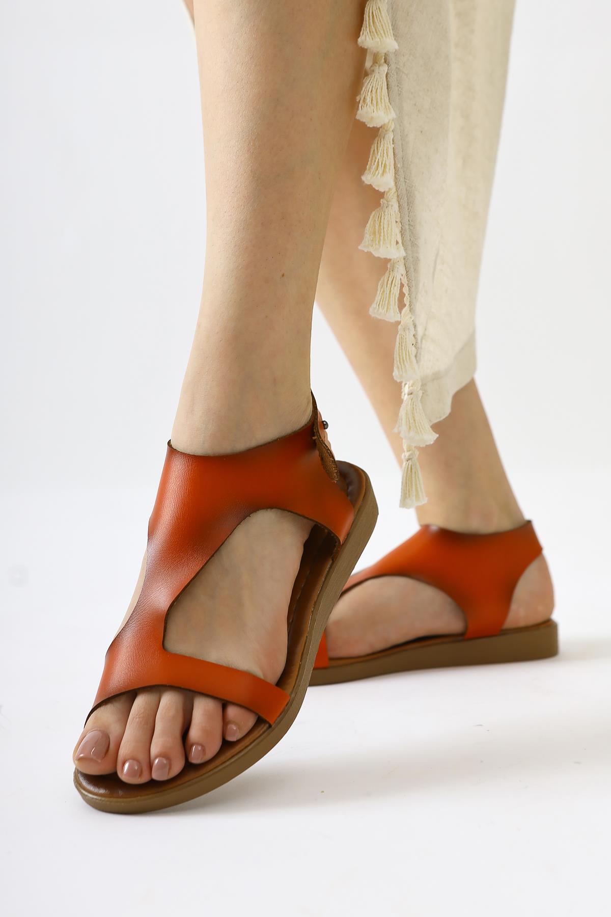 Genuine Leather Coral Orange Asymmetric Cut Flip Flop Sandals