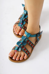 Genuine Leather Heam Turquoise Ethnic Patterned Sandals