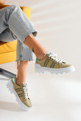 Genuine Leather Keitha Khaki Lace-Up Sneakers Sports Shoes