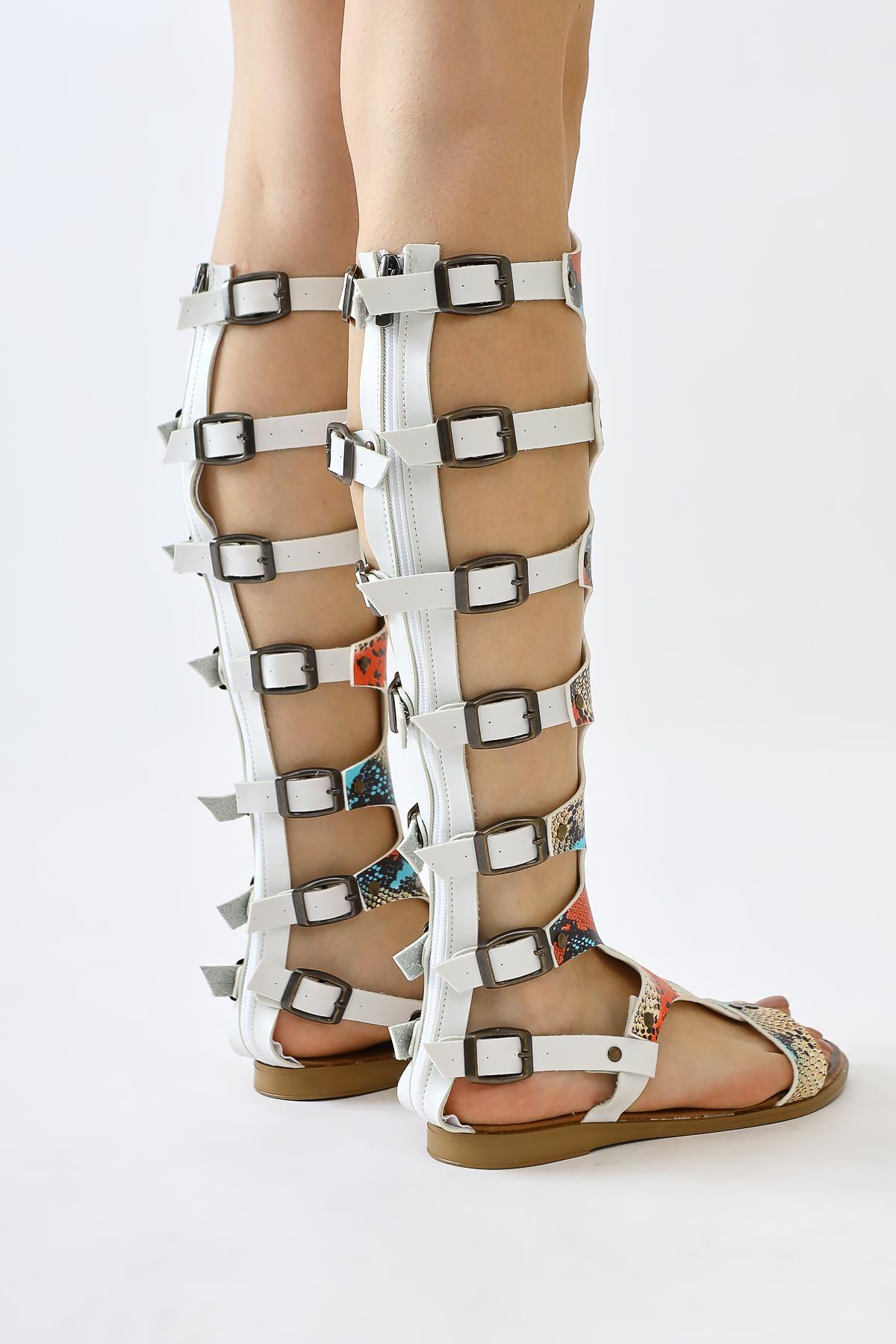 Genuine Leather Lilith White-Colored Snakeskin Patterned Below Knee Gladiator Sandals