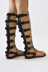 Genuine Leather Lilith Black-Colored Snakeskin Patterned Knee-High Gladiator Sandals