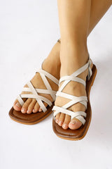 Genuine Leather Lucile Cream Cross Thin Strap Sandals