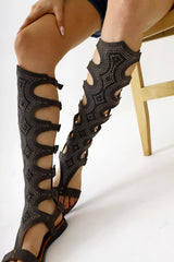 Genuine Leather Medusa Brown Stone Detailed Below Knee Gladiator Sandals