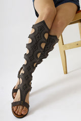 Genuine Leather Medusa Brown Stone Detailed Below Knee Gladiator Sandals