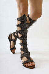 Genuine Leather Medusa Brown Stone Detailed Below Knee Gladiator Sandals