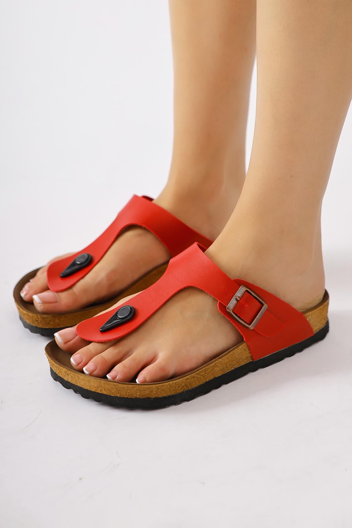 Genuine Leather Risa Red Buckle Detailed Flip Flops