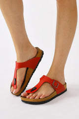 Genuine Leather Risa Red Buckle Detailed Flip Flops