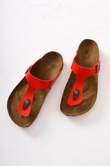 Genuine Leather Risa Red Buckle Detailed Flip Flops