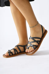 Genuine Leather Black White Cross Thin Strap Sandals