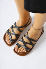 Genuine Leather Black White Cross Thin Strap Sandals