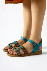 Genuine Leather Sohna Turquoise Authentic Embroidered Detailed Sandals