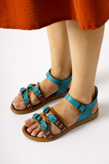 Genuine Leather Sohna Turquoise Authentic Embroidered Detailed Sandals