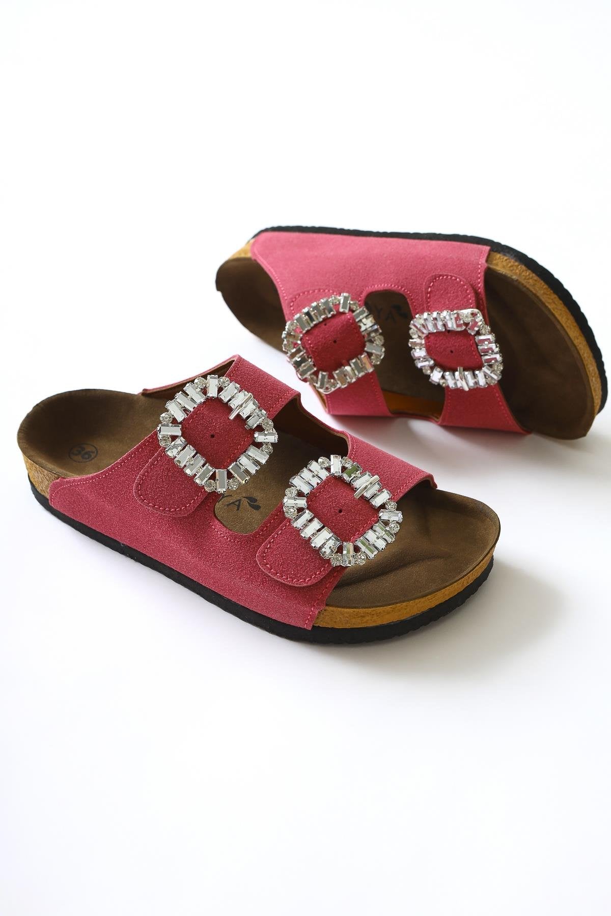 Genuine Leather Venice Fuchsia Suede Stone Detailed Buckled Double Strap Slippers