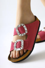 Genuine Leather Venice Fuchsia Suede Stone Detailed Buckled Double Strap Slippers