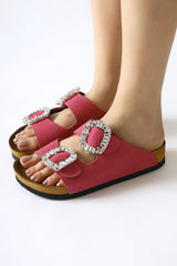 Genuine Leather Venice Fuchsia Suede Stone Detailed Buckled Double Strap Slippers