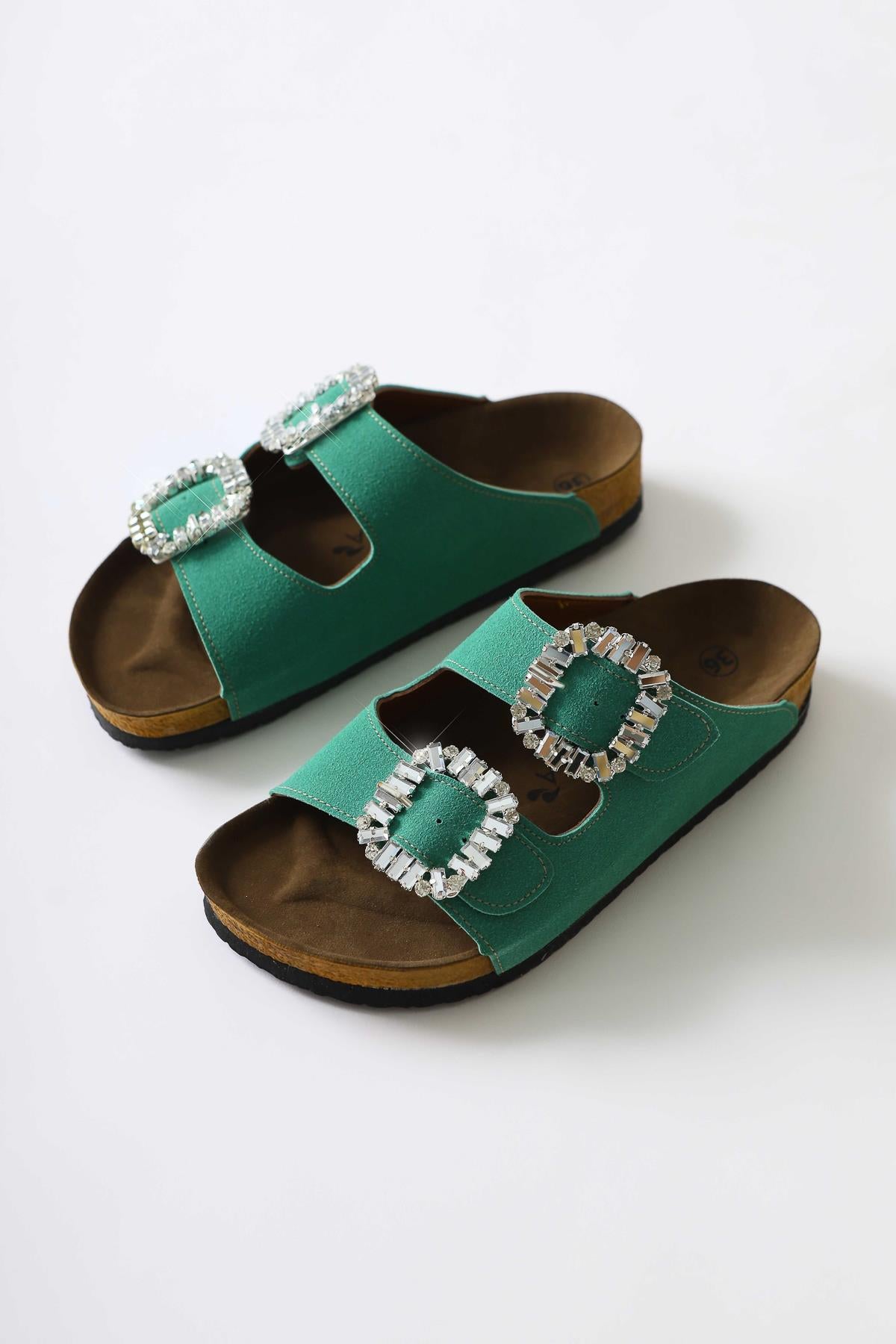 Genuine Leather Venice Green Suede Stone Detailed Buckled Double Strap Slippers