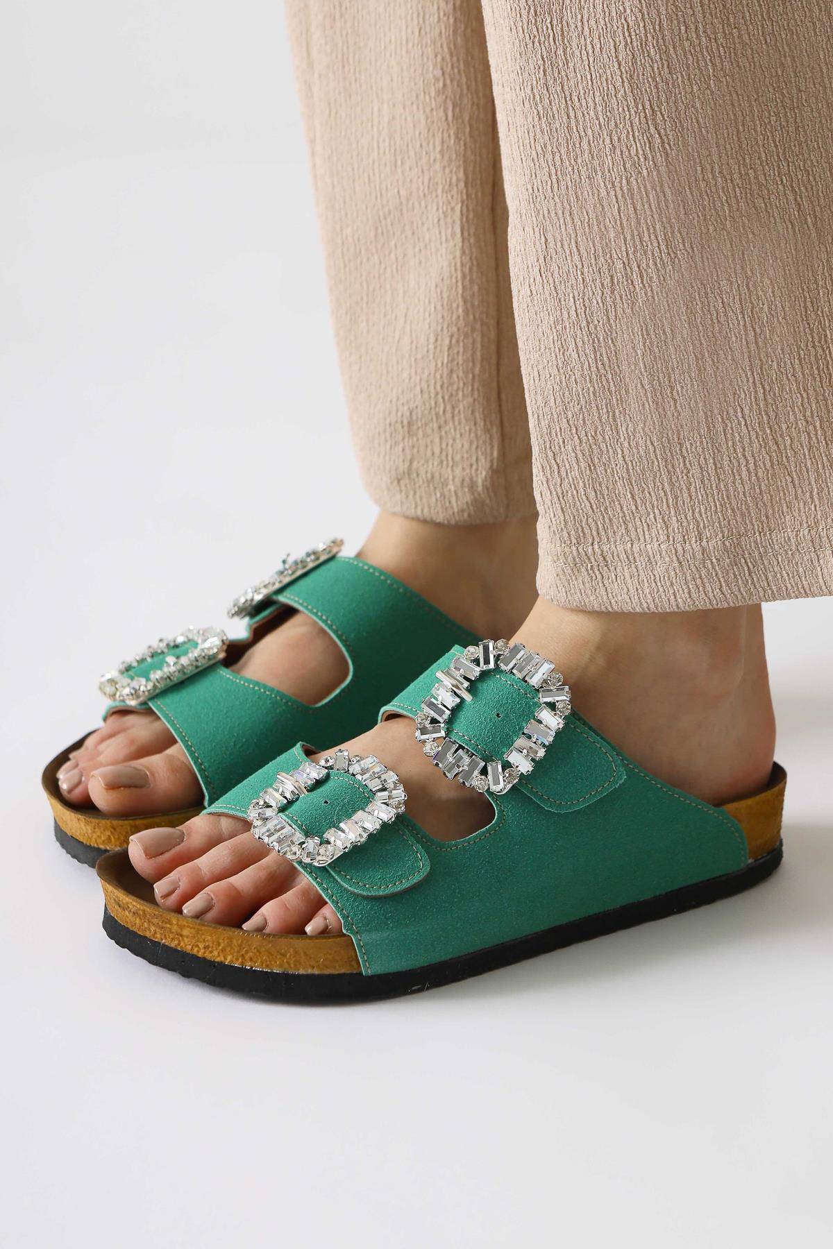 Genuine Leather Venice Green Suede Stone Detailed Buckled Double Strap Slippers