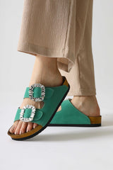 Genuine Leather Venice Green Suede Stone Detailed Buckled Double Strap Slippers