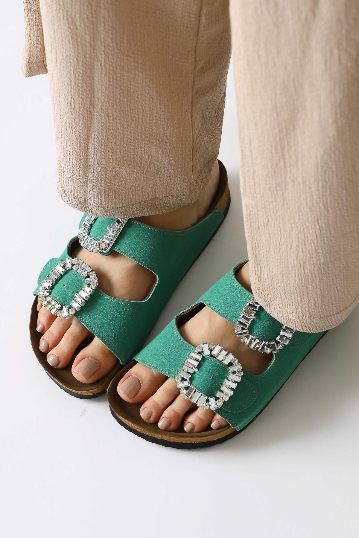 Genuine Leather Venice Green Suede Stone Detailed Buckled Double Strap Slippers