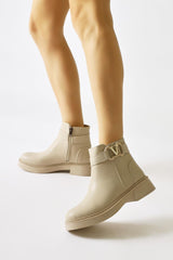 Hannah Beige Oval Brunlu Buckle Detail Boots