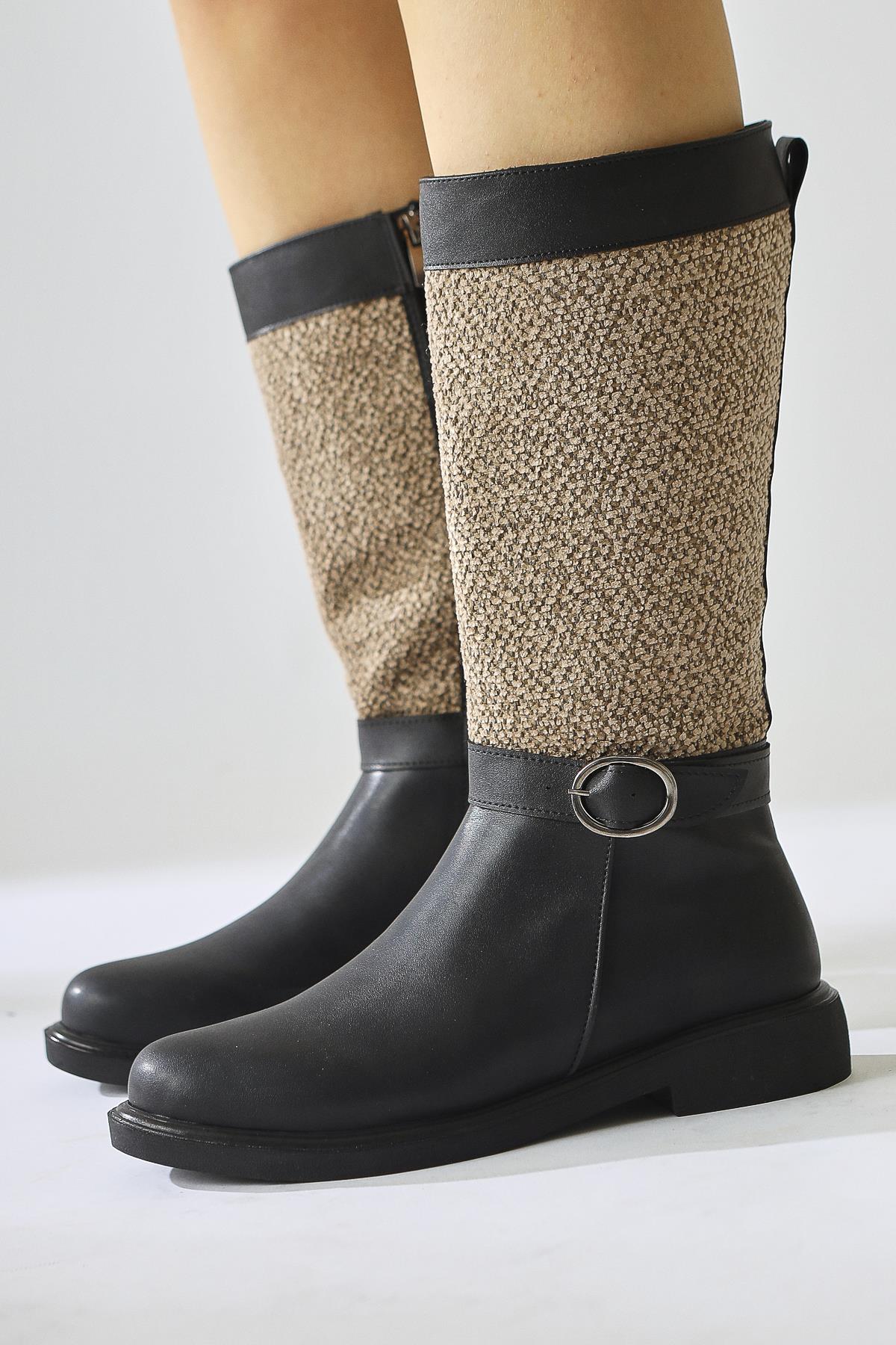 Harini Black Textured Textile Detailed Boots