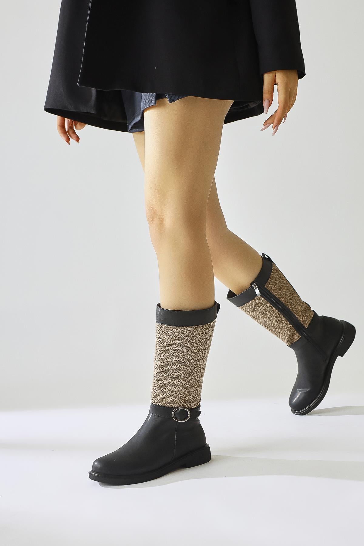 Harini Black Textured Textile Detailed Boots