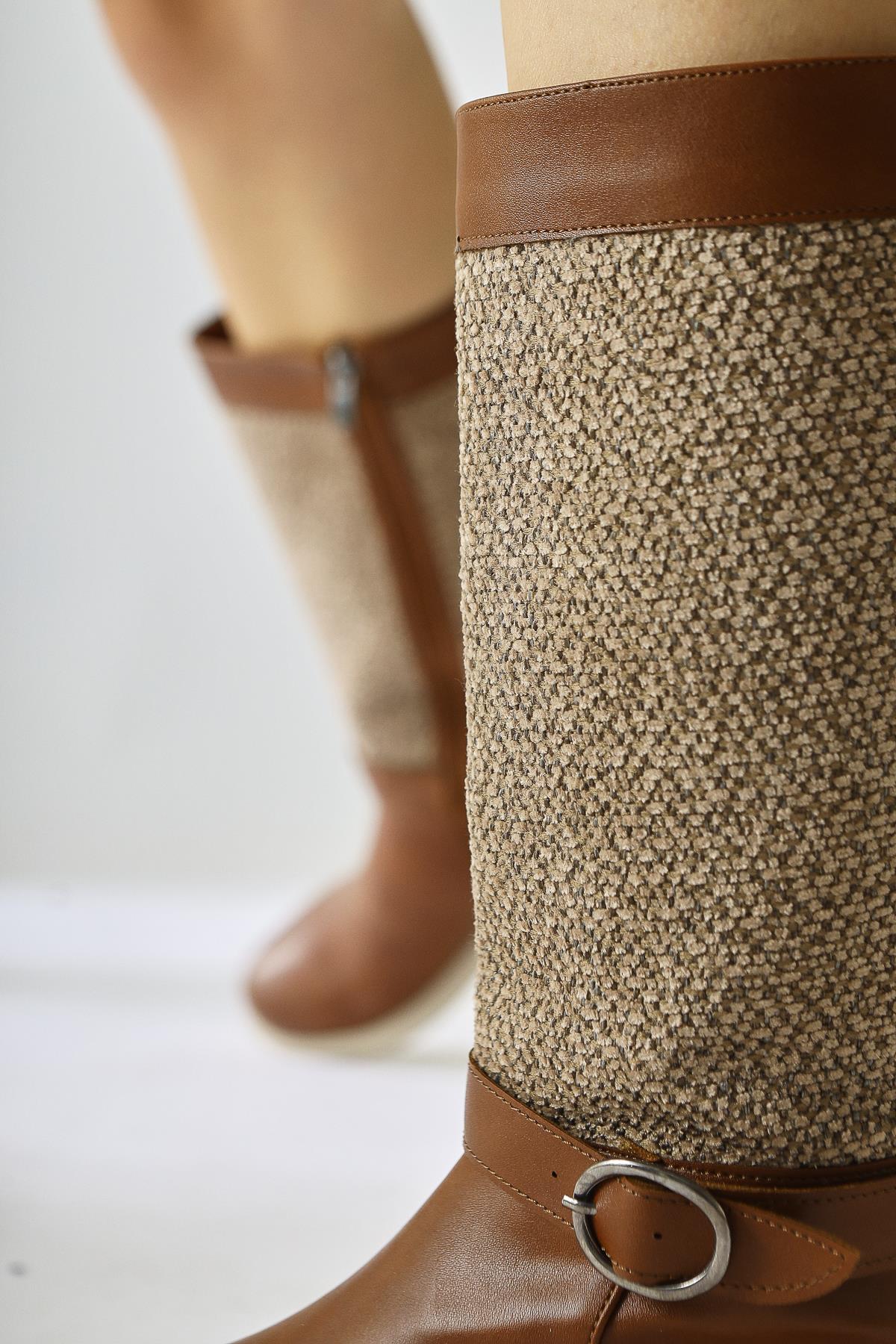 Harini Tan Textured Textile Detailed Boots