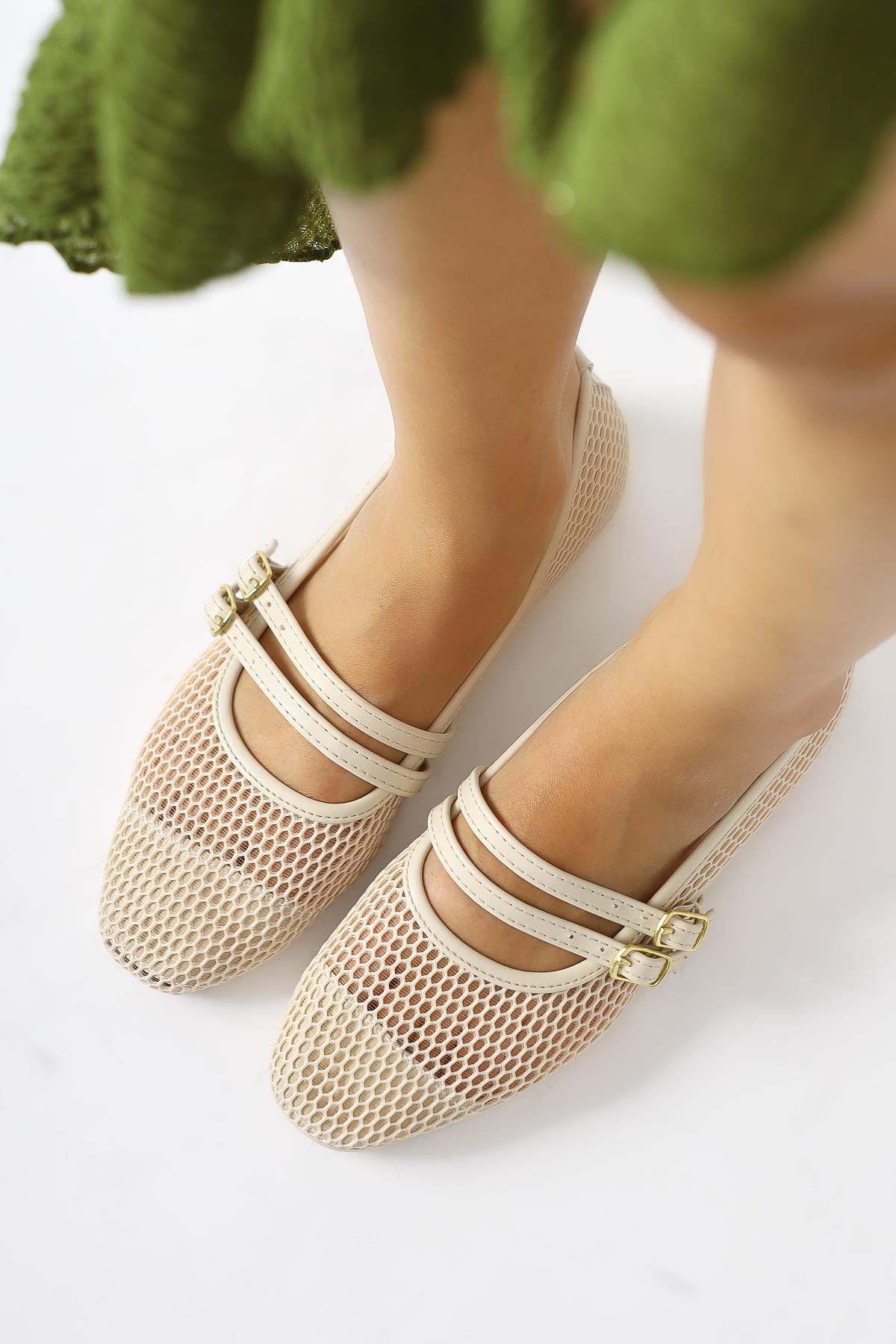 Hedy Beige Fishnet Double Thin Strap Ballerinas