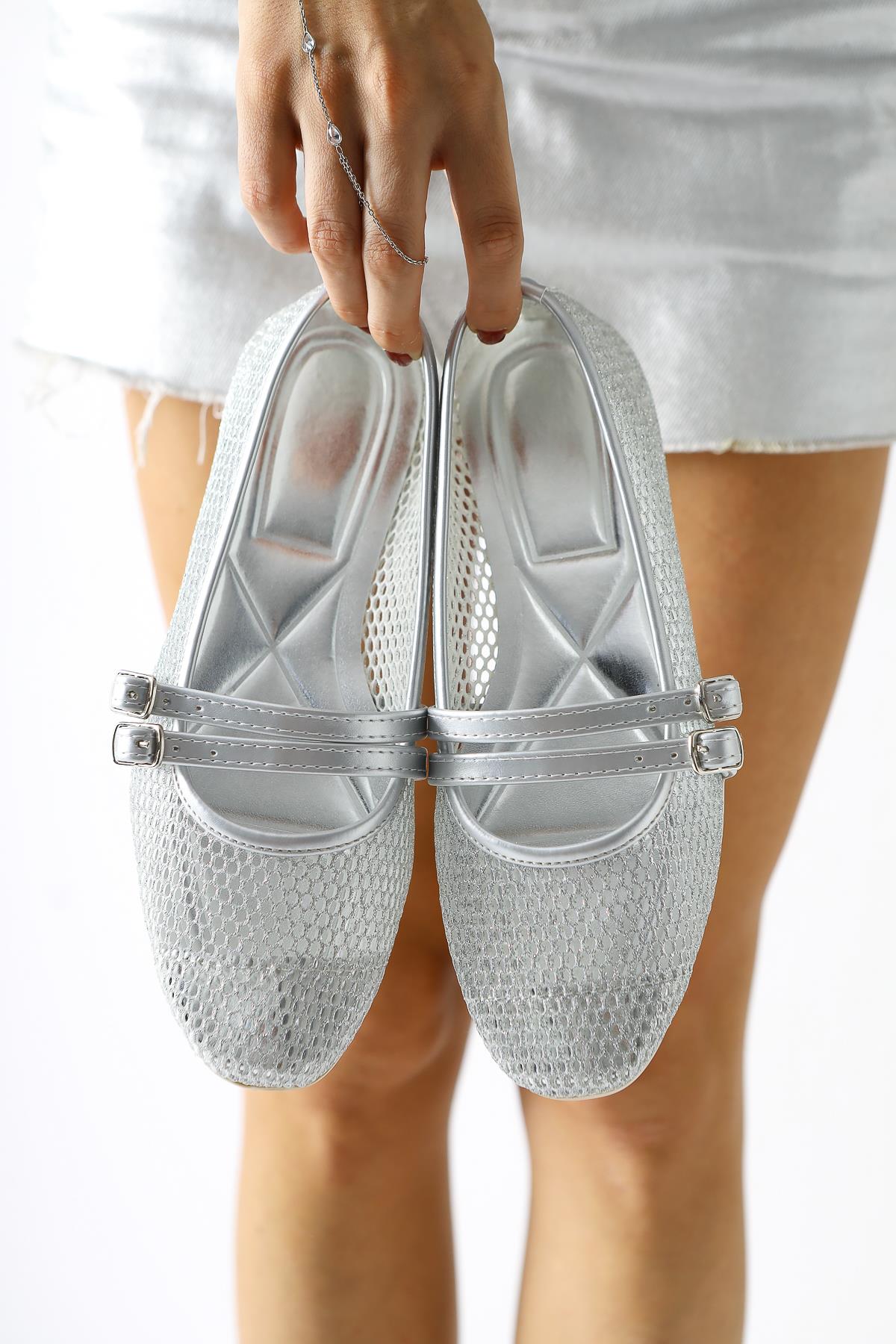 Hedy Silver Mesh Double Thin Strap Ballerina