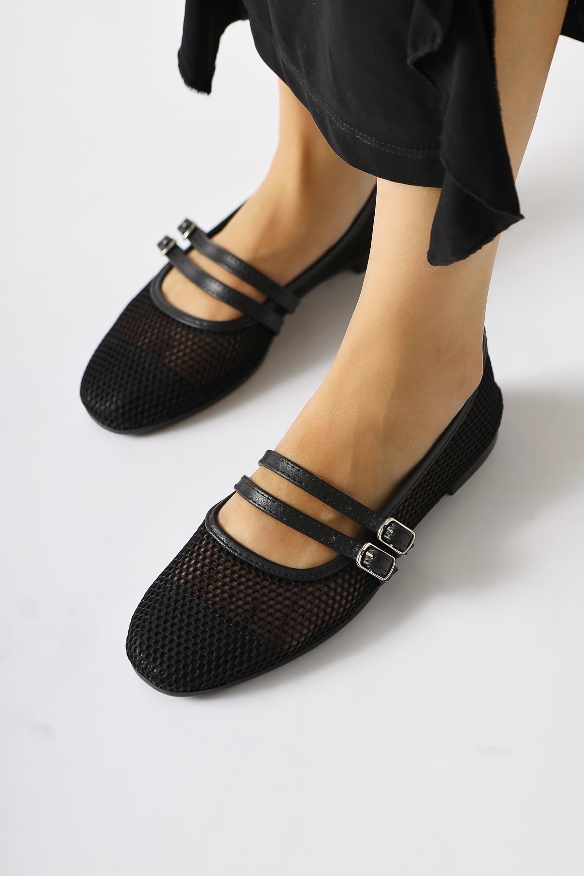 Hedy Black Fishnet Double Thin Strap Ballerinas