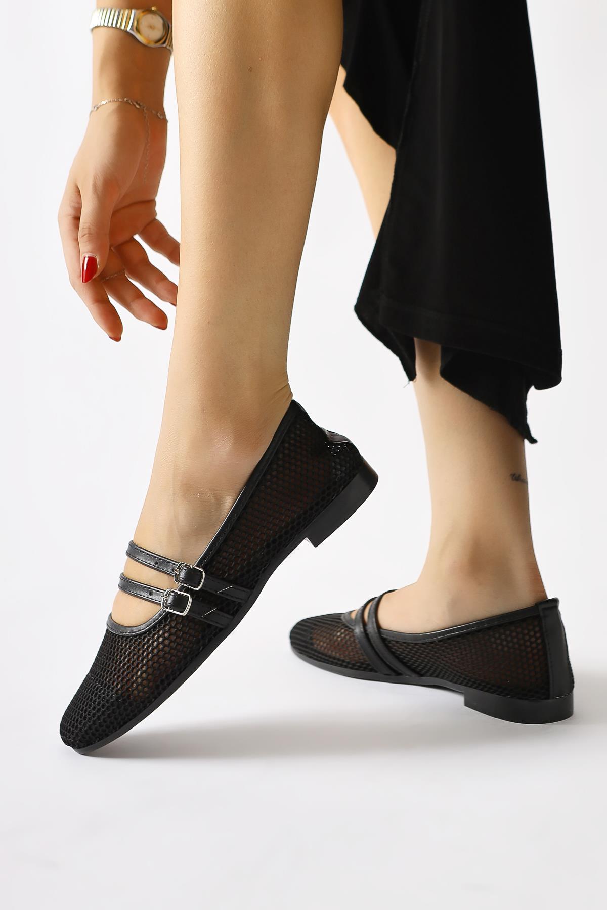 Hedy Black Fishnet Double Thin Strap Ballerinas