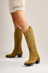 Hero Khaki Suede Embroidered Cowboy Boots