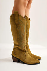 Hero Khaki Suede Embroidered Cowboy Boots