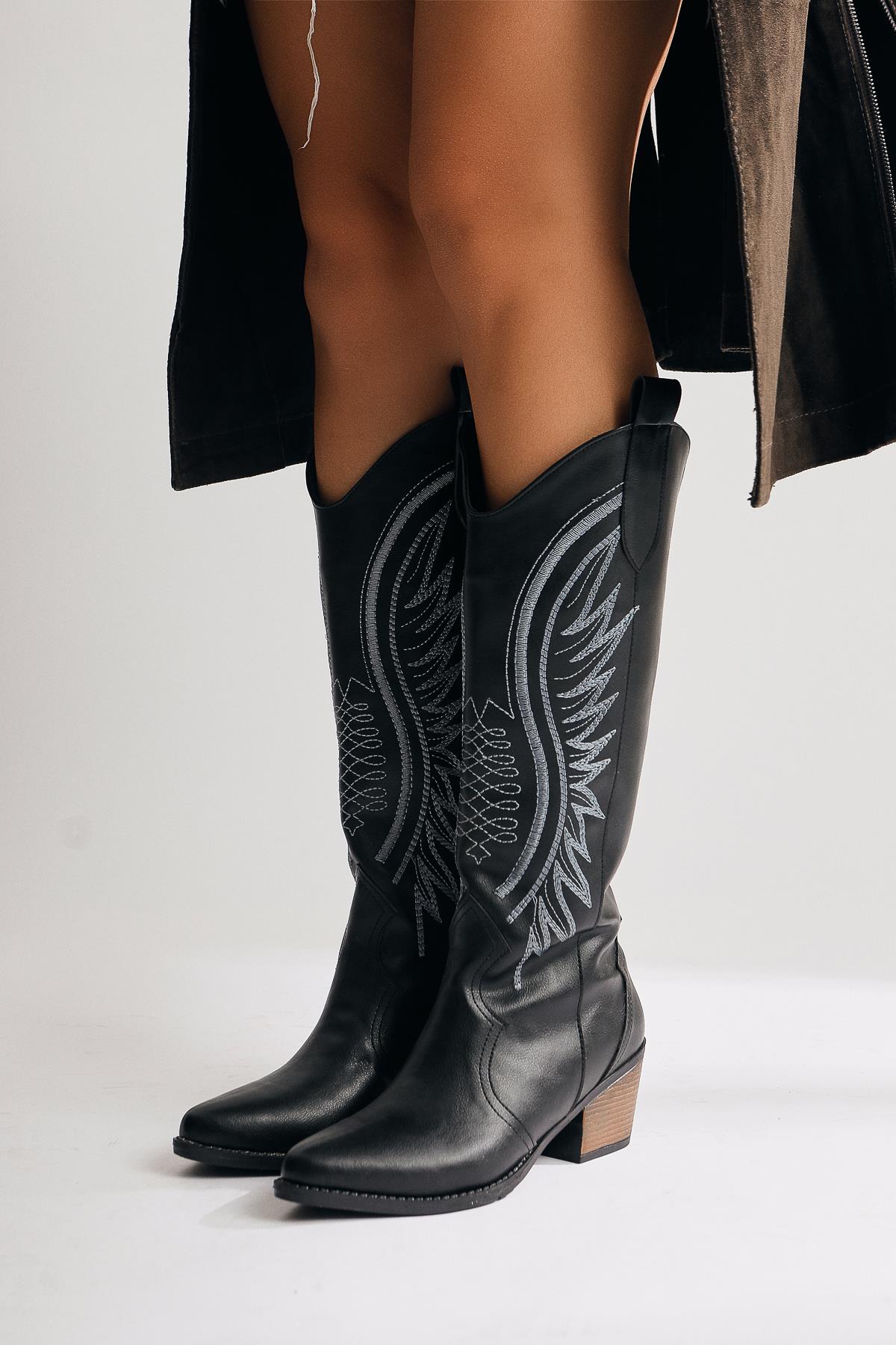 Hero Black Embroidered Cowboy Boots