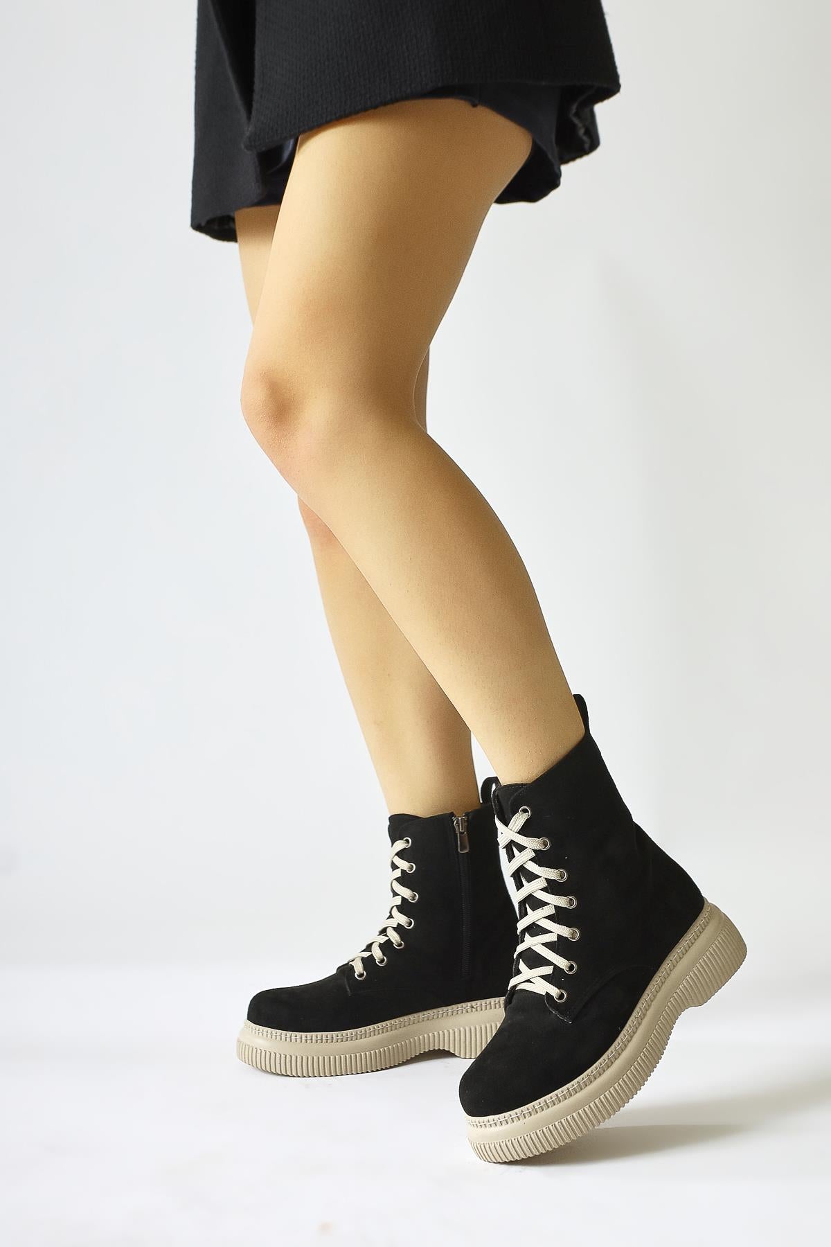 Herty Black Suede Beige Lace-Up Boots